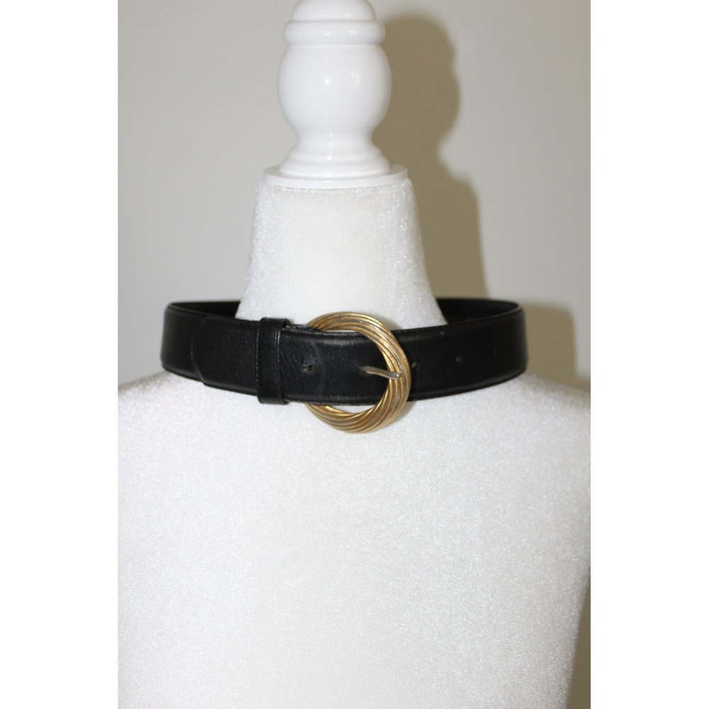 VTG Liz Claiborne Black Leather Belt Gold Ribbed Round Buckle Size Small